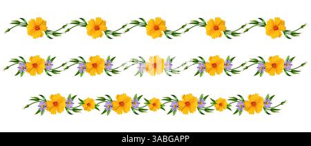 Set di ghirlande floreali luminose con fiori gialli e lilla, foglie verdi isolate su sfondo bianco. Foto Stock