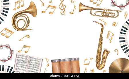 Percussioni ad acquerello, strumenti a corda e fiato, note musicali, schizzi rossi cornice orizzontale sfondo isolato. Batteria, contrabbasso, pianoforte Foto Stock