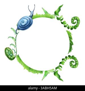 Ghirlanda di piante forestali. Vegetazione botanica con lumache, con sfumature verdi e blu. Acquerelli disegnati a mano isolati su sfondo trasparente. Biopfilo Foto Stock