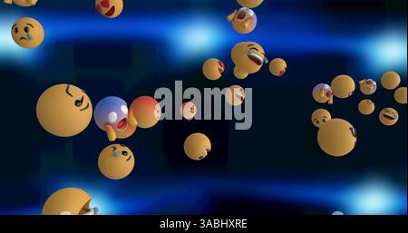Immagine di icone emoji dei social media che volano su sfondo blu Foto Stock