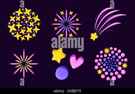 Fuochi d'artificio e coriandoli al neon. Illustrazioni illuminate a colori vettoriali per eventi festivi e festeggiamenti Illustrazione Vettoriale