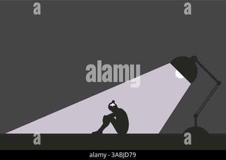 Donna triste e depressa seduta da sola sotto i riflettori. Disturbo depressivo. Concetto di salute mentale Illustrazione Vettoriale