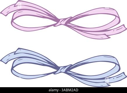 Fiocco in raso, piccolo e semplice, realizzato in tessuto, nastri sottili. Illustrazione grafica grafica disegnata a mano, contorno blu e rosa. Singolo isolato Illustrazione Vettoriale