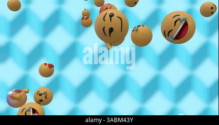 Immagine delle icone emoji dei social media che volano su sfondo blu a motivi geometrici Foto Stock