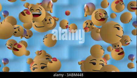 Immagine delle icone emoji dei social media che volano su sfondo blu a motivi geometrici Foto Stock