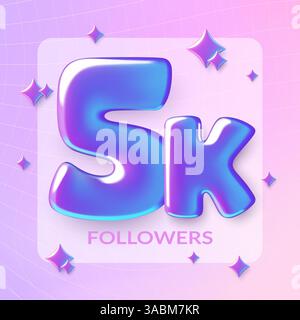 5K follower numeri olografici 3d viola post design sui social media su sfondo graduato Illustrazione Vettoriale