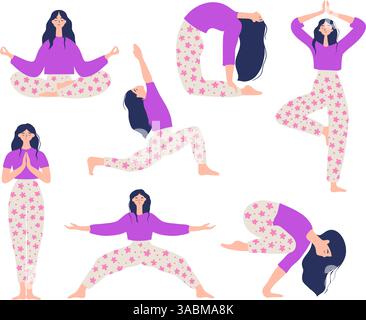 Set vettoriale con donne Yoga pose Asana che pratica Mindfulness e fitness Meditazione e pose stretching Illustrazione Vettoriale