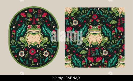 Intricato set di carte di fantasia Boho d'epoca, rana di rospo ornamentale tra fiori di palude, motivo barocco boemo etnico Illustrazione Vettoriale