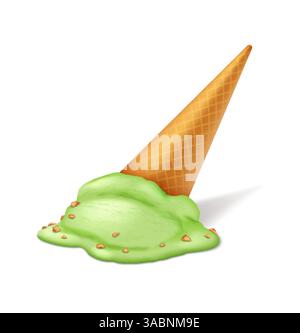 Immagine di un cono gelato caduto con gelato verde che si scioglie su una superficie bianca pulita. Il cono è angolato, aggiungendo un senso di realismo. Illustrazione Vettoriale