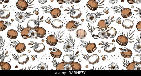 Carta da parati Vector per panificio Macaron francese senza cuciture con sfondo vintage Doodle Patisserie Illustrazione Vettoriale