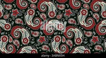 Motivo Paisley senza cuciture estremamente dettagliato, con volant ornamentali disegnati a mano, elementi floreali e curve d'ispirazione vintage Illustrazione Vettoriale
