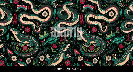 Motivo Vintage senza cuciture caratterizzato da arte folcloristica della foresta, lucertola, serpente, serpente, motivo floreale etnico e sfondo bosco retrò Illustrazione Vettoriale