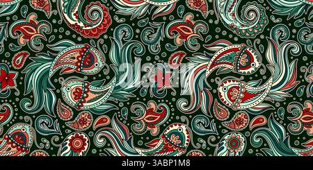 Seamless Folk Art Vector Paisley Pattern con pesci Koi in tradizionali pesci esotici di Boho etnici Motif Illustrazione Vettoriale