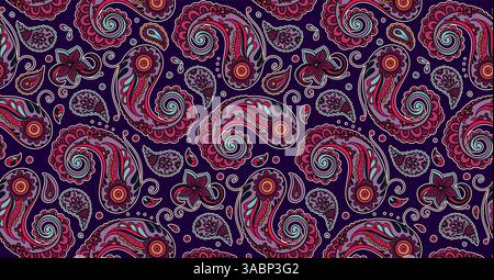 Fantasia Paisley senza cuciture Batik con elementi floreali Swirls e dettagli ornamentali in Uno stile Art Nouveau indiano boho decorativo etnico Illustrazione Vettoriale