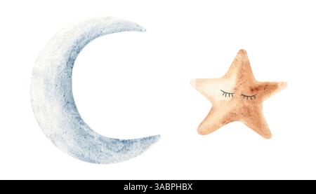 Set di Crescent Blue Moon e cute Sleeping Star. Illustrazione ad acquerello in stile Boho isolata su sfondo bianco. Elemento di design per prodotti per bambini Foto Stock