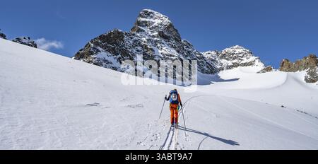 Scialpinista, team di corde sul ghiacciaio Vadret da Porchabella sulla salita alla vetta del Piz Kesch, paesaggio montano in inverno, tour alpino, Grison Foto Stock