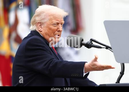 Il presidente DEGLI STATI UNITI Donald Trump annuncia tariffe reciproche contro i partner commerciali statunitensi nel Rose Garden della Casa Bianca a Washington, DC, USA, 2 aprile 2025. Trump ha marchiato il giorno della liberazione, anche se la maggior parte degli economisti si aspetta che i consumatori statunitensi sostengano i costi. Credito: Jim LoScalzo/Pool via CNP/MediaPunch Foto Stock