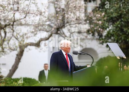 Il presidente DEGLI STATI UNITI Donald Trump annuncia tariffe reciproche contro i partner commerciali statunitensi nel Rose Garden della Casa Bianca a Washington, DC, USA, 2 aprile 2025. Trump ha marchiato il giorno della liberazione, anche se la maggior parte degli economisti si aspetta che i consumatori statunitensi sostengano i costi. Credito: Jim LoScalzo/Pool via CNP/MediaPunch Foto Stock