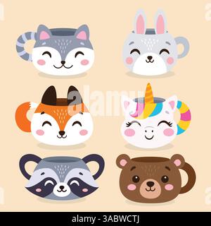 Coppe a forma di animale. Un set di tazze diverse e carine. Illustrazione vettoriale in stile piatto Illustrazione Vettoriale