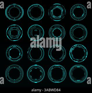Interfaccia HUD dial. Manopola rotonda del volume audio, cornici al neon o bordi rotondi. Set vettoriale di cerchi futuristici luminosi dell'interfaccia utente fantascientifica, pulsanti per giochi per computer o pannello dei menu delle app, in stile techno HUD Illustrazione Vettoriale