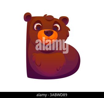 La lettera B del cartone animato è un amico animale orso bruno. Alfabeto carino e divertente per bambini, font divertente per la mascotte dello zoo, caratteri inglesi per bambini, tipo di lettera divertente. ABC per l'educazione e l'apprendimento dei bambini Illustrazione Vettoriale