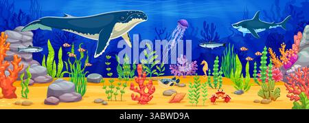 Sfondo di selvaggina subacquea con paesaggi marini e cartoni animati, balene giganti, pesci, squali e meduse che nuotano tra le vivaci barriere coralline, rocce e piante marine sul fondo dell'oceano. Scena marina vettoriale Illustrazione Vettoriale