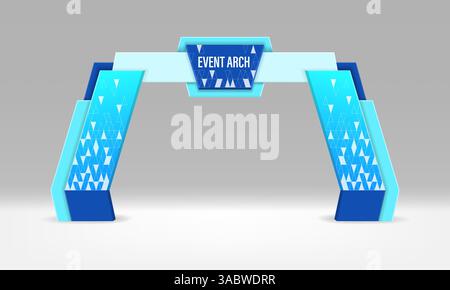 Ingresso all'arco dell'evento, moderno portale espositivo vettoriale 3d realistico. Arco architettonico blu con motivi geometrici e area segnaletica centrale. Ingresso per conferenze, mostre o eventi aziendali Illustrazione Vettoriale