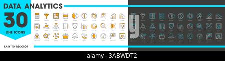 Icone delle linee di analisi e analisi dei dati con grafici e diagrammi, set di simboli vettoriali. Icone di analisi dei dati per la ricerca aziendale, l'analisi del mercato digitale sulle prestazioni o i pittogrammi dei report di ottimizzazione Illustrazione Vettoriale