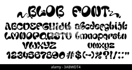 Tipo funky ondulato, carattere a bolle liquide, caratteri a lettere scanalate, alfabeto inglese y2k. L'inchiostro nero astratto blobs font abc lettere e numeri Set tipografia vettoriale. Alfabeto retro con caratteri a forma di bolla liquida Illustrazione Vettoriale