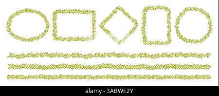 Cornici di ulivo, divisori verdi e bordi con foglie e rami di alberi. Rami vettoriali di ulivo corone e piante ghirlande di viti con foglie verdi e frutti. Set di cornici per piante oleaginose greche Illustrazione Vettoriale