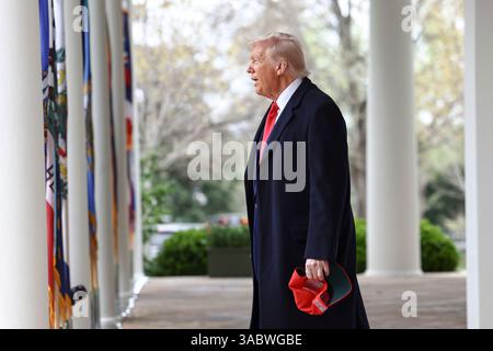 Washington, DC, USA. 2 aprile 2025. Il presidente DEGLI STATI UNITI Donald Trump arriva per annunciare le tariffe reciproche nei confronti dei partner commerciali statunitensi al Rose Garden della Casa Bianca a Washington, DC, USA, 2 aprile 2025. Trump ha marchiato il giorno âLiberation Dayâ, anche se la maggior parte degli economisti si aspetta che i consumatori statunitensi sostengano i costi. Credito: Jim LoScalzo/Pool tramite CNP/dpa/Alamy Live News Foto Stock