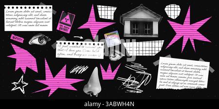 Set di elementi collage con corona di carta strappata rosa, brillantezza, scoppio e mezzitoni, casa, texture per gli occhi. Grunge l'adesivo rock, il segno di attenzione e i graffi Illustrazione Vettoriale