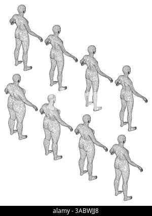 Una serie di figure sono mostrate in una riga, con ciascuna figura nella stessa posa. Le cifre vanno da sottili a obesità. Vista isometrica Illustrazione Vettoriale