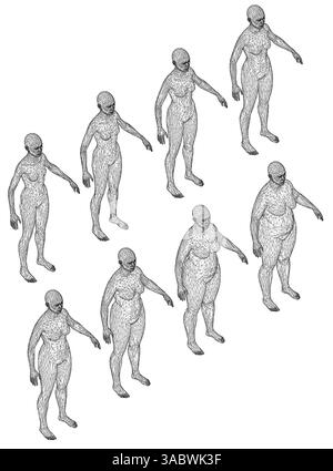 Una serie di figure sono mostrate in una riga, con ciascuna figura nella stessa posa. Le cifre vanno da sottili a obesità. Vista isometrica Illustrazione Vettoriale