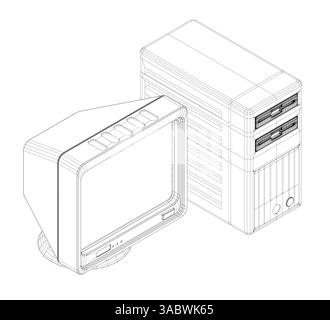 Un monitor e un computer tower sono mostrati fianco a fianco. Il monitor è nero e la torre è bianca. Vista isometrica Illustrazione Vettoriale