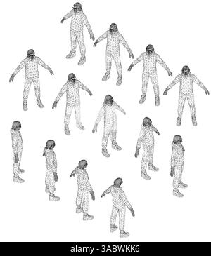 Un gruppo di persone è in piedi, con alcuni che guardano la telecamera. L'immagine ha una sensazione inquietante e inquietante. Vista isometrica. 3D. Illustrazione Vettoriale