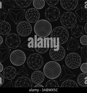 Un'immagine in bianco e nero di molte sfere di forma diversa. Le sfere hanno dimensioni diverse e sono sparse in tutta l'immagine. La scena è una di Illustrazione Vettoriale