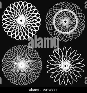 Nell'immagine sono mostrati quattro diversi tipi di cerchi. I cerchi sono tutti bianchi e hanno dimensioni e forme diverse. Concetto di armonia ed equilibrio, a. Illustrazione Vettoriale