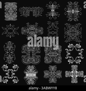 Una collezione di immagini in bianco e nero di varie forme e disegni. Le immagini sono tutte stilizzate e ornate, alcune con croci e altre re Illustrazione Vettoriale