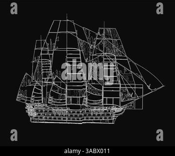 Un disegno bianco e nero di una nave con una vela. La nave è grande e ha molte vele Illustrazione Vettoriale
