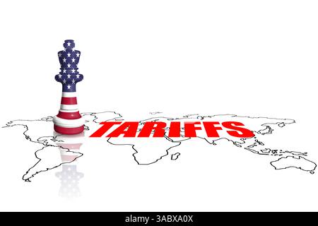 Scacchi fatti dalla bandiera degli Stati Uniti su una mappa del mondo. Guerra commerciale, doganale e tariffaria degli Stati Uniti d'America Foto Stock