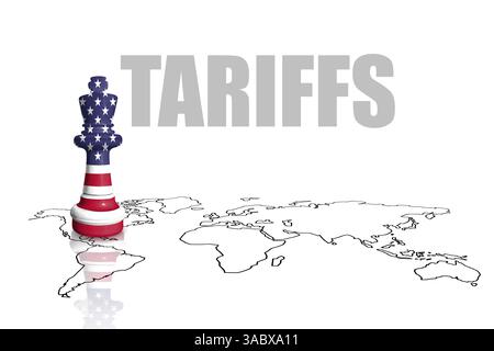 Scacchi fatti dalla bandiera degli Stati Uniti su una mappa del mondo. Guerra commerciale, doganale e tariffaria degli Stati Uniti d'America Foto Stock