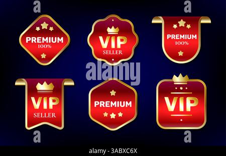 Etichette vip rosse con cornice dorata isolata su sfondo blu. Illustrazione vettoriale realistica di emblemi di garanzia di qualità superiore, rombo, fiore, esagono, forma quadrata, distintivo esclusivo Illustrazione Vettoriale