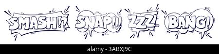 Un set di quattro fumetti in bianco e nero con le parole Smash, SNAP, zzzz, Bang e graziosi dettagli scuri. Illustrazione Vettoriale