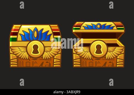 Scrigno egiziano chiuso e aperto. Illustrazione vettoriale di un'antica cassetta di sicurezza dorata decorata con insegne di ali e simboli di loto. Avventura Illustrazione Vettoriale