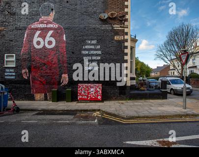 Murale del Trent Alexander-Arnold di Liverpool ad Anfield , Liverpool , Regno Unito Foto Stock