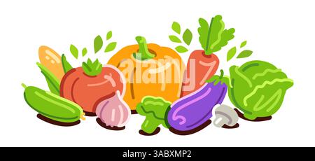 Varie verdure fresche con foglie. Cibo agricolo biologico. Concetto di alimentazione sana, vegetariana e dietetica Illustrazione Vettoriale