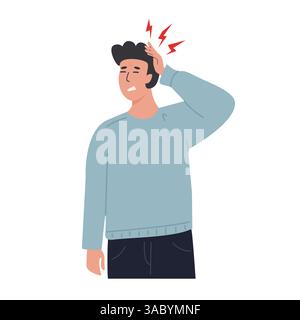 Giovane che soffre di mal di testa, toccando la testa con un'espressione dolorosa. Uomo che soffre dolore e disagio. Emicrania o stress. Stile piatto Illustrazione Vettoriale