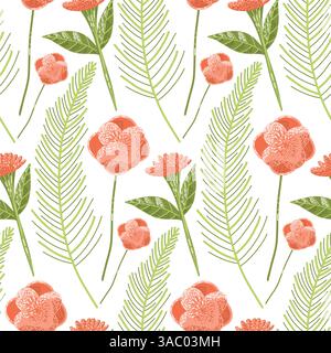 Motivo botanico senza cuciture con fiori rossi e foglie verdi Illustrazione Vettoriale