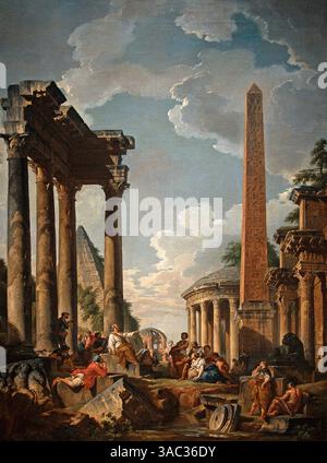 Capriccio architettonico con predicatore in rovine romane 1725/1750 (II quarto del XVIII secolo) Giovanni Paolo, noto anche come Gian Paolo panini o Pannini (17 giugno 1691 – 21 ottobre 1765), è stato un pittore e architetto italiano barocco che lavorò a Roma, italia. Foto Stock